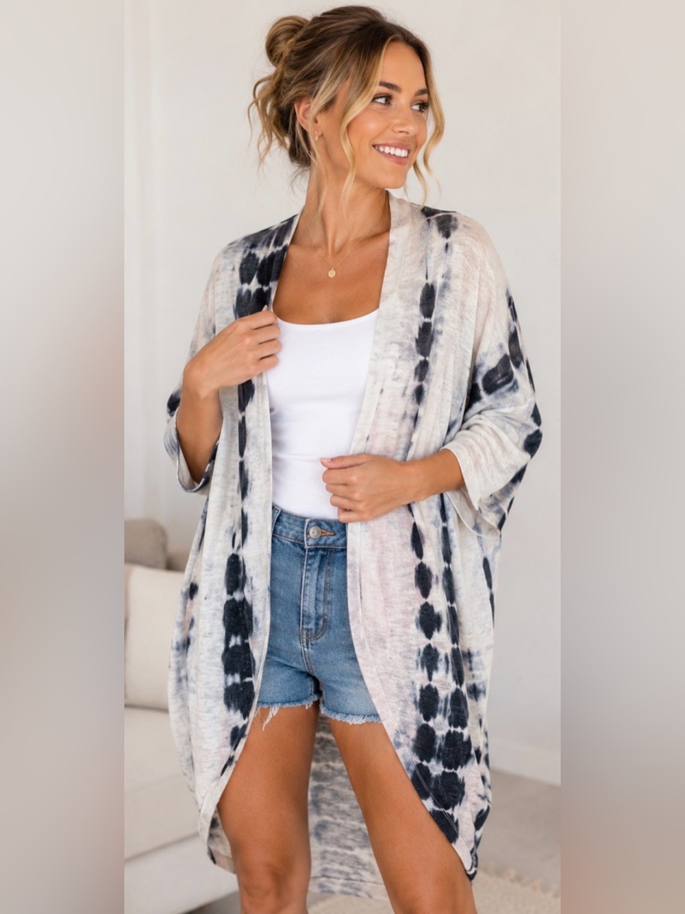 651 Ginger G Tie Dye Open Front Cardigan Black Cream Lightweight Duster Boho
